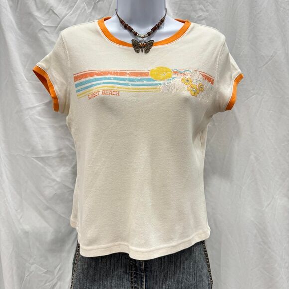 Y2K Ringer Tee M Self Esteem Sunset Beach Surf Print Floral Rhinestone - Picture 3 of 8